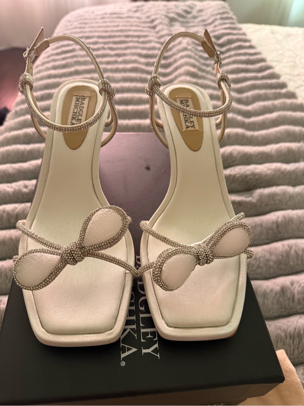 Badgley Mischka Ivory Bow Slingback Heels with Crystal Trim